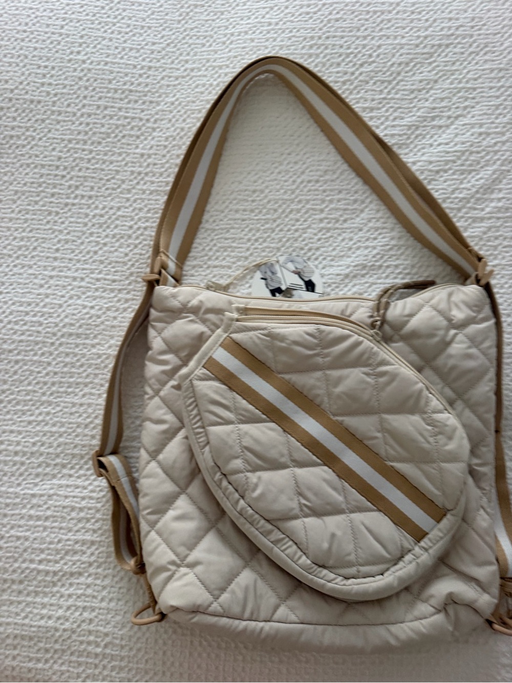 NWT Mine Women’s Quilted Cream Pickleball Bag with Tan Stripe 3 in 1 - Picture 3 of 9